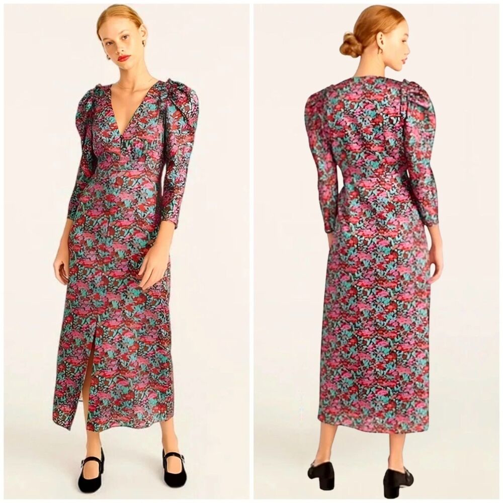 J. Crew Drapey Puff Sleeve Dress Ratti Red Blooms Size 16 Floral Garden Floral